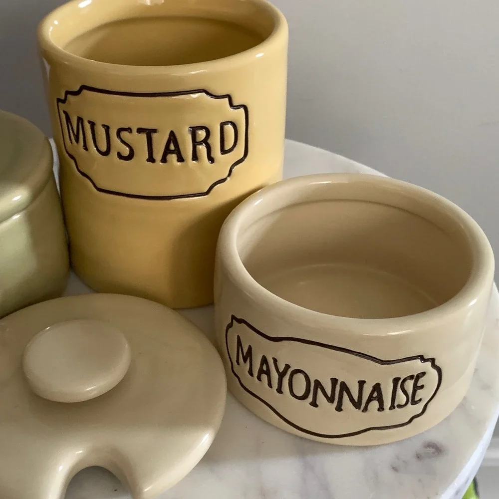Pottery Barn Ceramic Condiment Set Relish‎ Mustard Mayonnaise Jars 3 Piece Set
